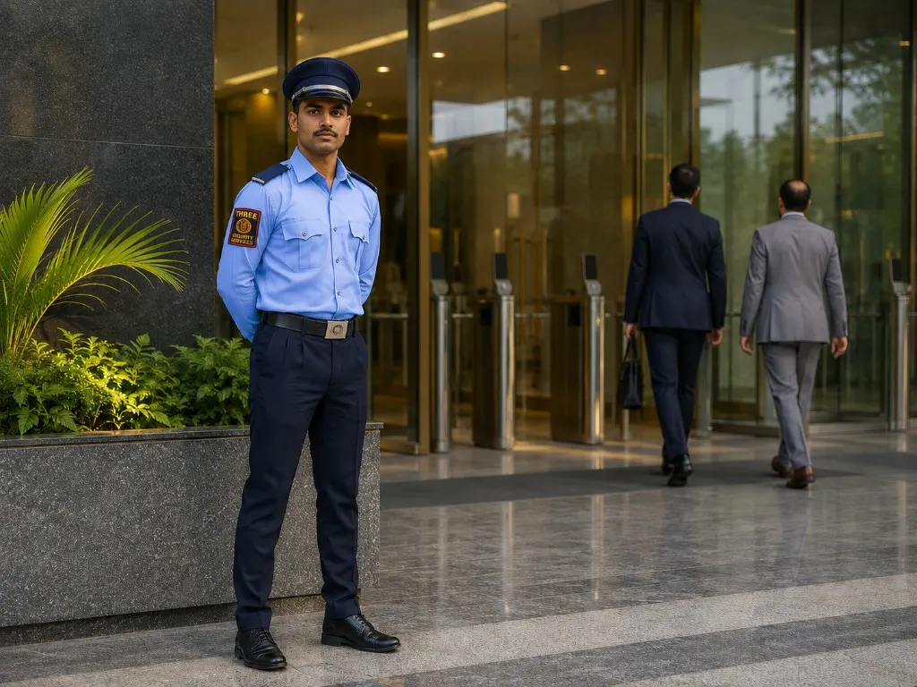 Three Eyes Security Services corporate security guard at a modern office entrance