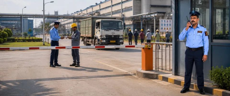 Factory and manufacturing security guard at industrial facility gate