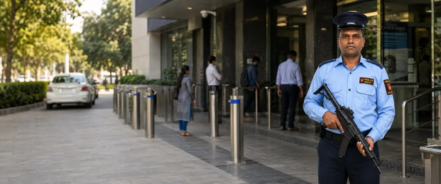 Armed security guard from Three Eye Security holding tactical protection at a corporate office entrance