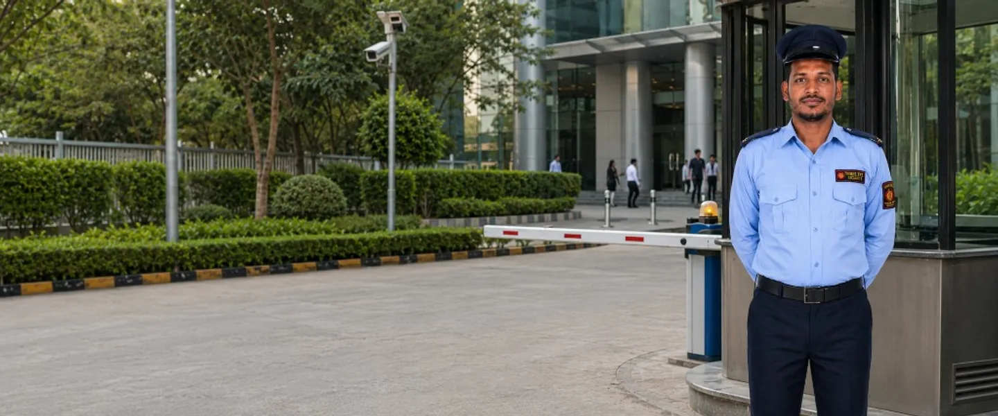 Professional security guard in Three Eyes uniform at a corporate office entrance with CCTV and gate security